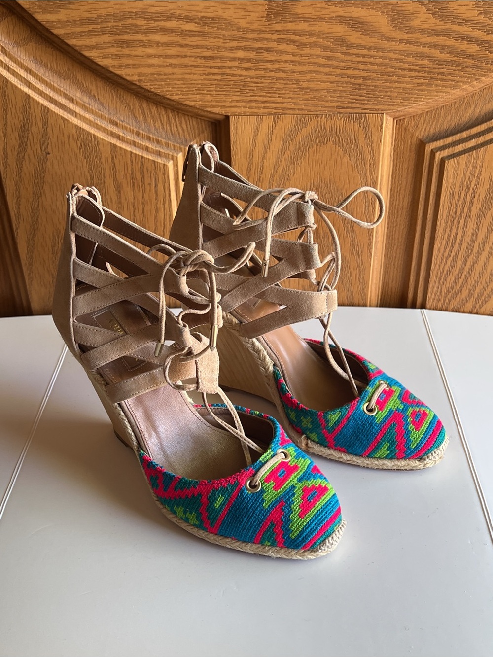Aquazzura Embroidered T Strap Wedge Sandals Aztec Canvas Suede Boho EU 38